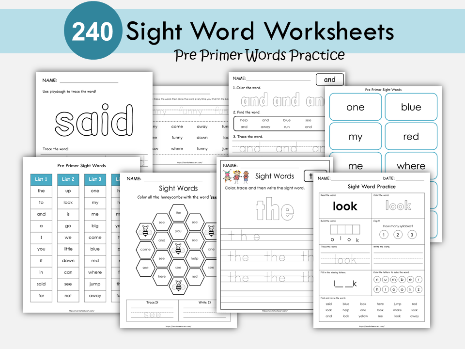Sight Words Printable, Kindergarten Sight Words Worksheets, Preschool Sight Word Practice Dolch Pre Primer Flashcards, Ist Grade, Homeschool, WWF365