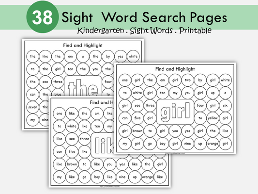 Sight Word Search Worksheets | Dab or Color the Matching Words | Pre-K & Kindergarten Literacy Center | High Frequency Words | Homeschool, WWF368