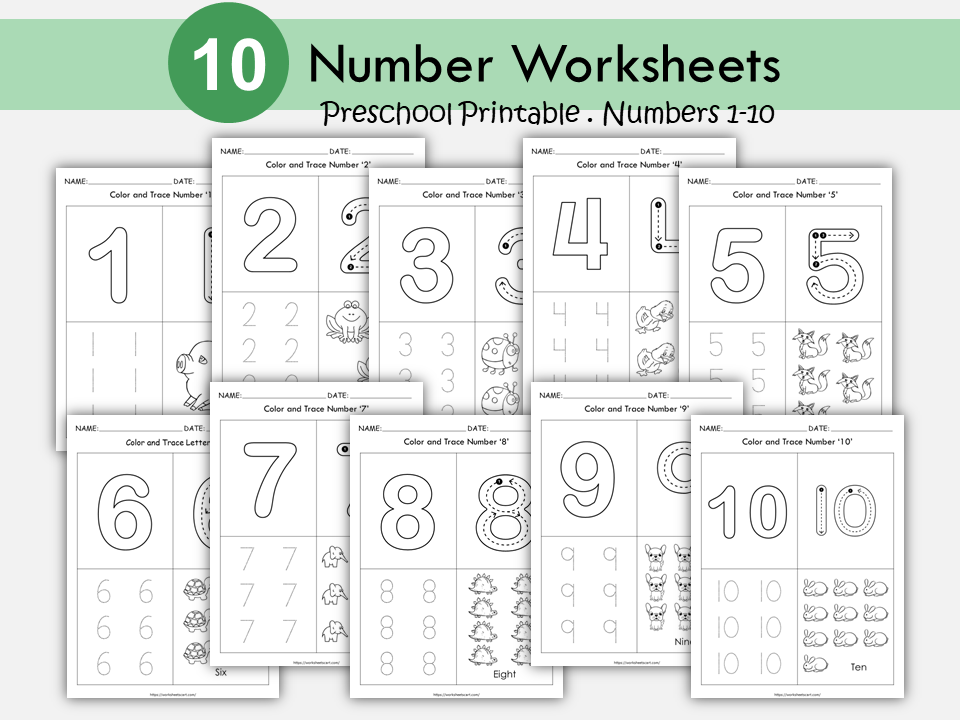 10 Number Tracing Worksheets for Preschool, Math Workbook, Learning Numbers, Counting, Kindergarten, Handwriting Practice PDF, WWF371