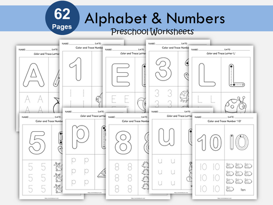 Alphabet and Numbers Tracing Worksheets Printable for Preschool and Kindergarten, WWF373