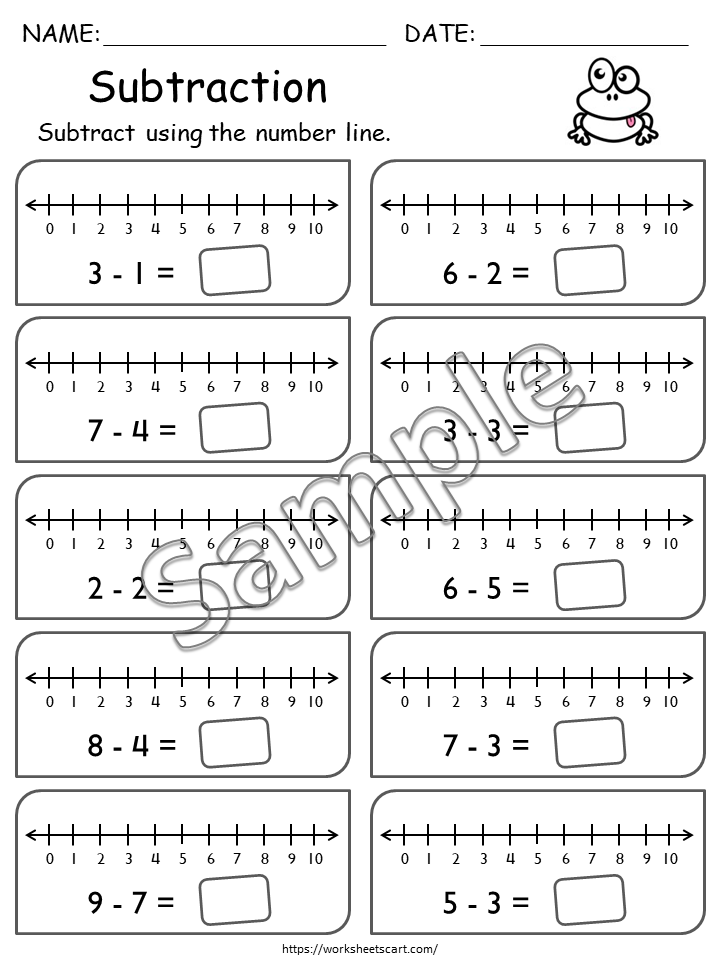 Subtraction Worksheets Within 10 Printable | Number Line Math Practice for Kids, WWF374