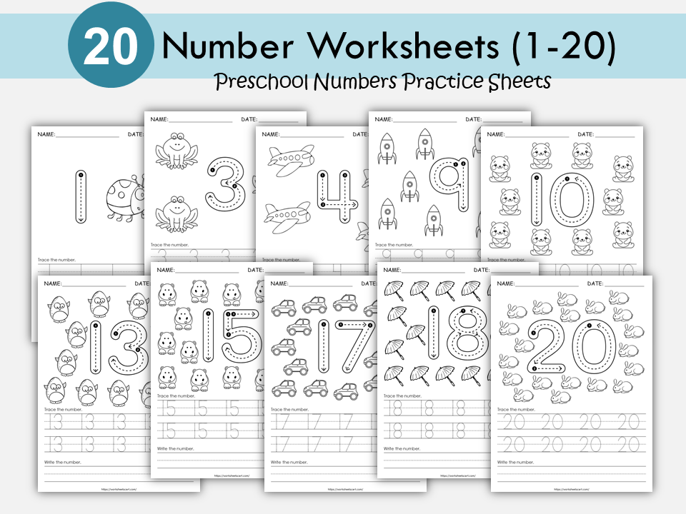 Number Worksheets 1-20 | Trace Write and Color Numbers | Preschool Kindergarten Math Printable | Counting Activity for Kids | Homeschool, WWF377