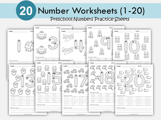 Number Worksheets 1-20 | Trace Write and Color Numbers | Preschool Kindergarten Math Printable | Counting Activity for Kids | Homeschool, WWF377