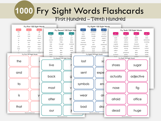 Fry Sight Words Flashcards | 1st to 10th Hundred | 1000 Words Printable | Preschool to Grade 5 | High Frequency Words | Literacy Tool, WWF381