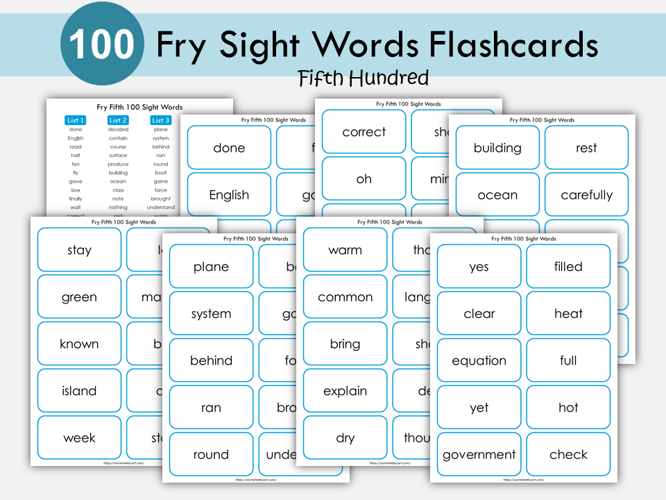 Sight Words Flashcards for Kindergarten, 100 Printable Fry Fifth Hundred Word Cards, High Frequency Words, Word Practice, Grade1 Reading, WWF382
