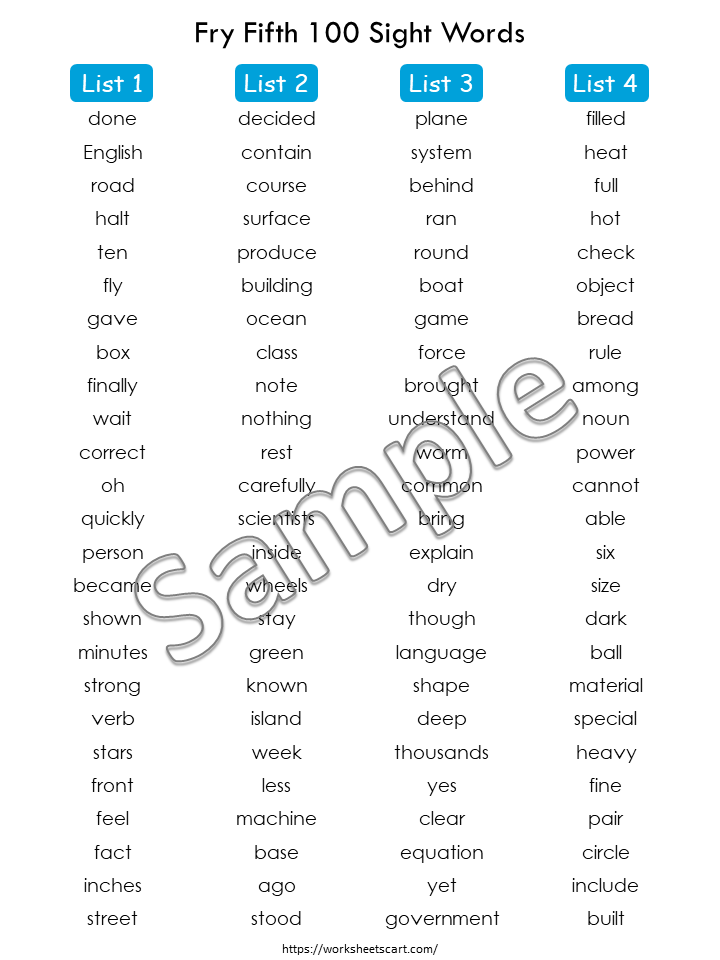Sight Words Flashcards for Kindergarten, 100 Printable Fry Fifth Hundred Word Cards, High Frequency Words, Word Practice, Grade1 Reading, WWF382