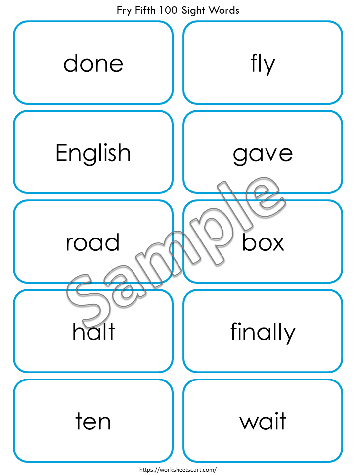 Sight Words Flashcards for Kindergarten, 100 Printable Fry Fifth Hundred Word Cards, High Frequency Words, Word Practice, Grade1 Reading, WWF382