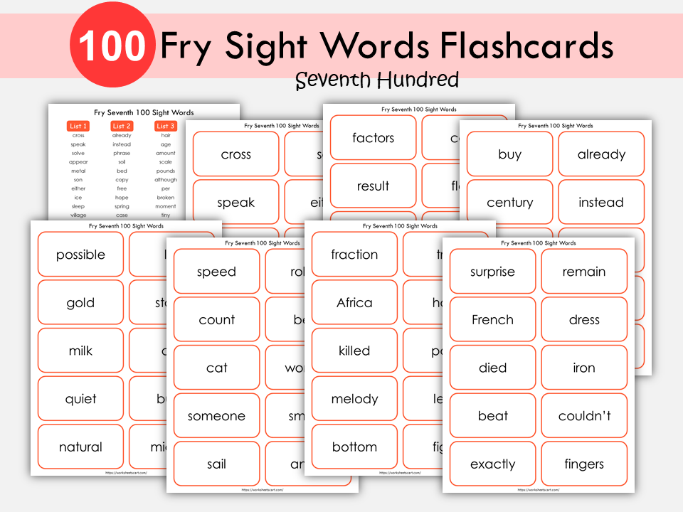 Sight Word Flashcards, Kindergarten-1st Grade Sight Words, 100 Printable Fry Seventh Hundred Word Cards, High Frequency Words Flashcards, WWF384
