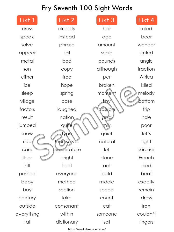 Sight Word Flashcards, Kindergarten-1st Grade Sight Words, 100 Printable Fry Seventh Hundred Word Cards, High Frequency Words Flashcards, WWF384