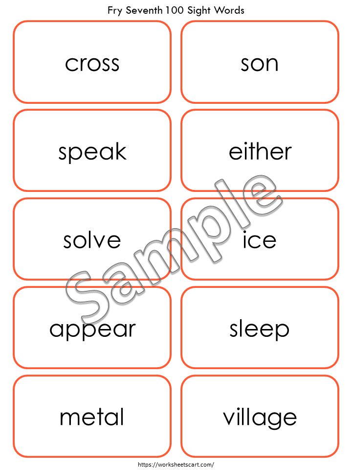 Sight Word Flashcards, Kindergarten-1st Grade Sight Words, 100 Printable Fry Seventh Hundred Word Cards, High Frequency Words Flashcards, WWF384