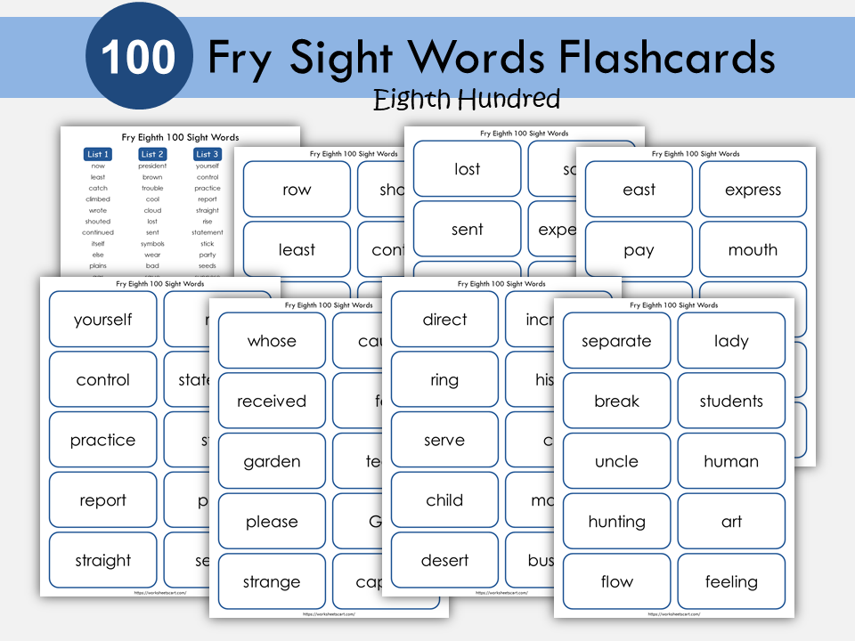 Sight Words Flashcards for Kindergarten, 100 Printable Fry Eighth Hundred Word Cards, High Frequency Words, Word Practice, Grade2 Reading, WWF385