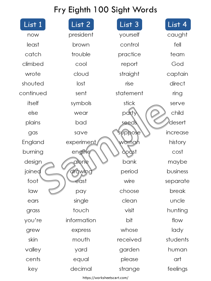 Sight Words Flashcards for Kindergarten, 100 Printable Fry Eighth Hundred Word Cards, High Frequency Words, Word Practice, Grade2 Reading, WWF385