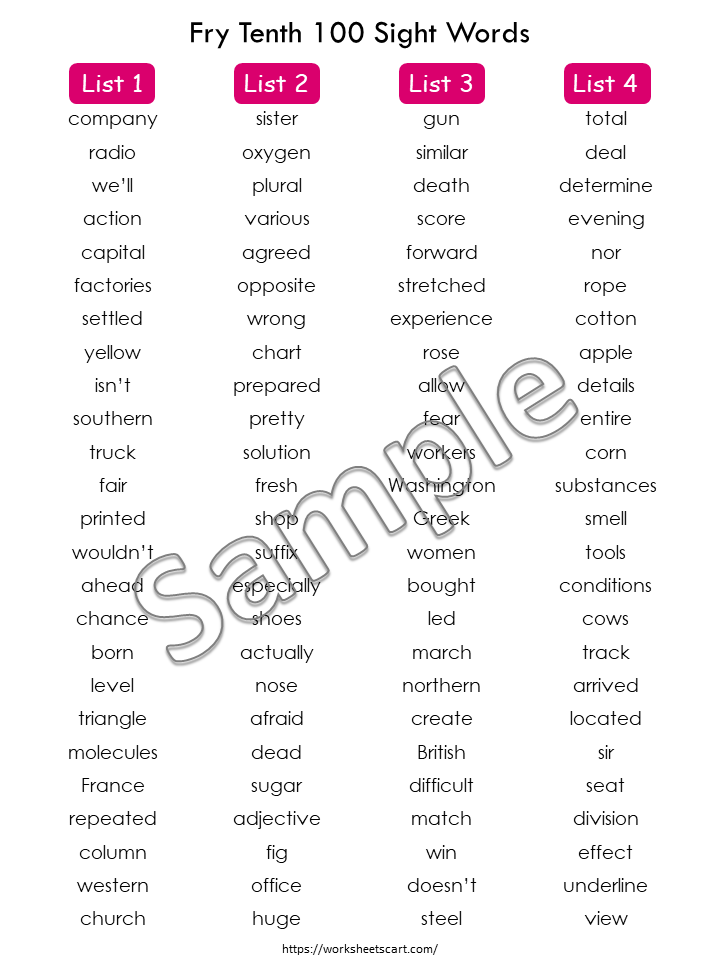 Sight Words Flashcards, 100 Printable Fry Tenth Hundred Word Cards, High Frequency Words Practice, Kindergarten Reading, Grade 1,2,3,4,5, WWF387
