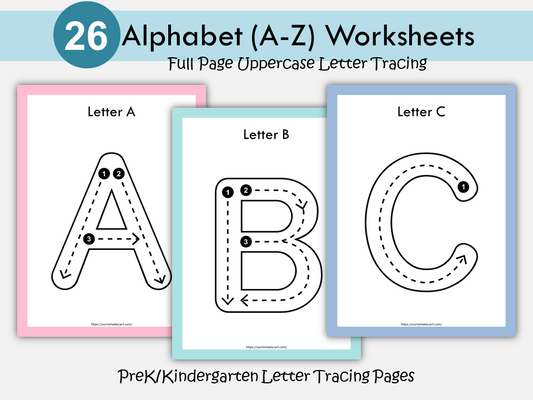 Uppercase Alphabet Letter Tracing Worksheets | Full Page A-Z Handwriting Practice | Preschool Kindergarten Printable | ABC Tracing Cards, WWF401
