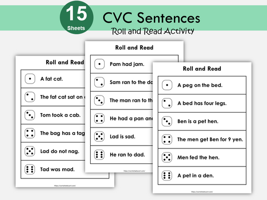 CVC Sentence Reading Roll and Read Game | 15 CVC Words Printable Worksheets for Early Readers | Kindergarten Reading Fluency | Homeschool, WWF412