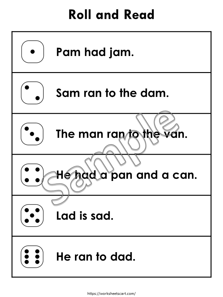 Roll & Read CVC Sentences Worksheets | Phonics Dice Reading Activity Printable for Kindergarten & Early Readers, WWF412