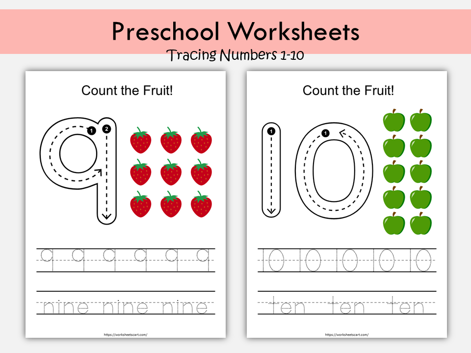 PPrintable Number Worksheets 1-10 for Preschool and Kindergarten | Trace, Count, and Recognize Numbers, WWF421