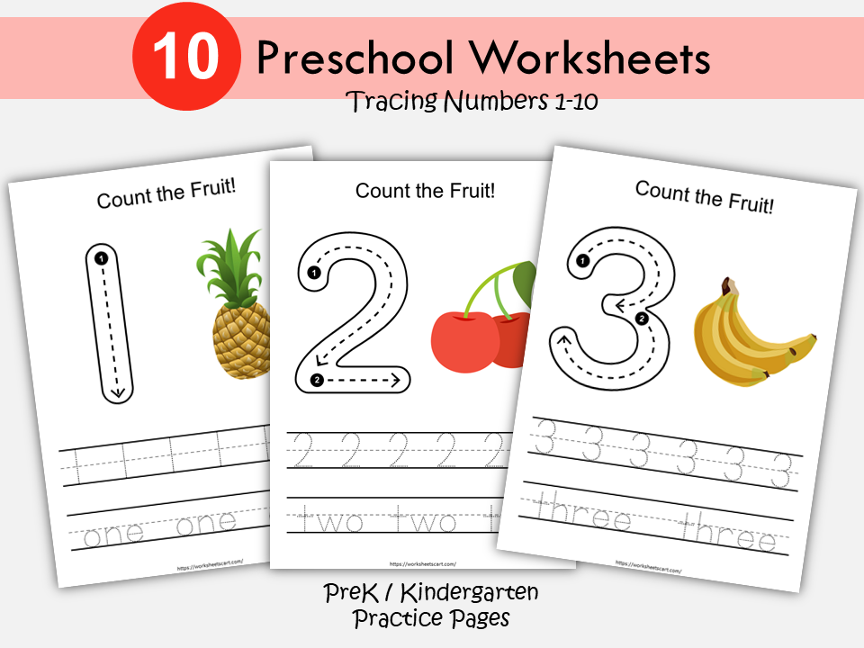 PPrintable Number Worksheets 1-10 for Preschool and Kindergarten | Trace, Count, and Recognize Numbers, WWF421
