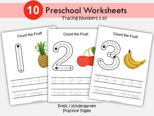 Printable Number Worksheets 1-10 for Preschool and Kindergarten | Trace, Count, and Recognize Numbers, WWF421