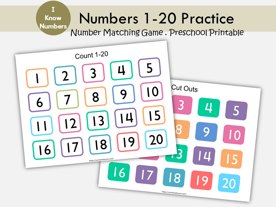 Number Matching Game-Activities-Worksheets-Matching Numbers- Count 1-20-Number Sense-Toddler-Preschool-Kindergarten Activity-Early math, WWF422
