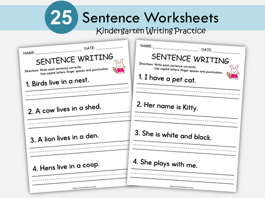 25 Sentence Writing Practice Worksheets | Capital Letters, Finger Spaces and Punctuation | Kindergarten and 1st Grade Writing | Homeschool, WWF436