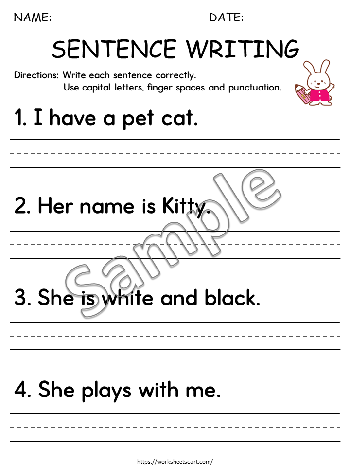 25 Sentence Writing Practice Worksheets | Capital Letters, Finger Spaces and Punctuation | Kindergarten and 1st Grade Writing | Homeschool, WWF436