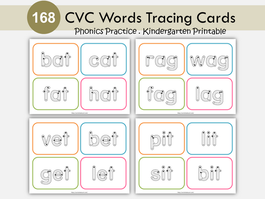 CVC Word Tracing Cards Printable – 168 Colorful Phonics Flashcards – Kindergarten Literacy Center – CVC Word Families Spelling & Reading, WWF439