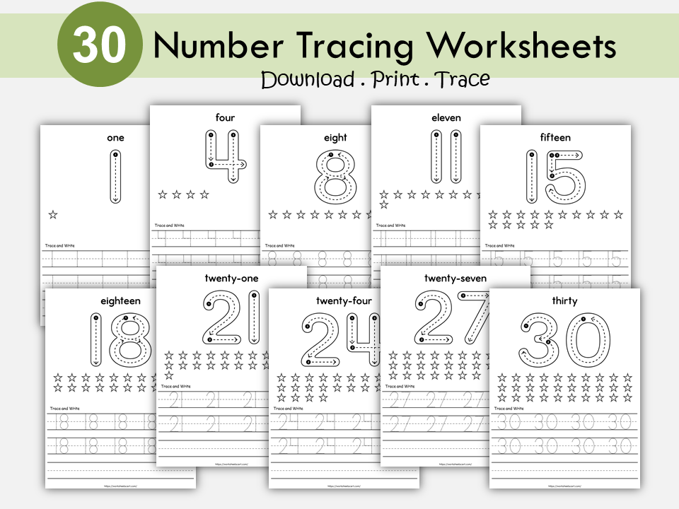 30 Number Tracing Worksheets Printable | Numbers 1-30 with Number Words, Star Coloring & Writing Practice for Kids | Preschool, Kindergarten, WWF444