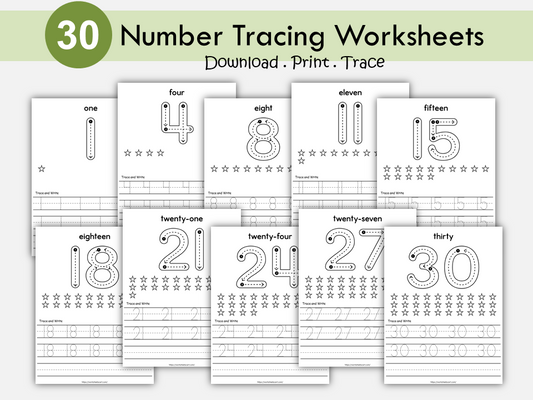 30 Number Tracing Worksheets Printable | Numbers 1-30 with Number Words, Star Coloring & Writing Practice for Kids | Preschool, Kindergarten, WWF444
