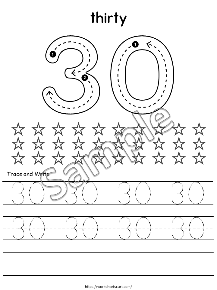 30 Number Tracing Worksheets Printable | Numbers 1-30 with Number Words, Star Coloring & Writing Practice for Kids | Preschool, Kindergarten, WWF444
