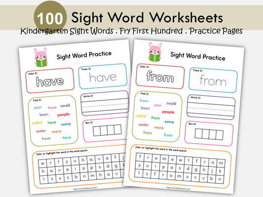 Fry First 100 Sight Words Worksheets | Fry Sight Word Practice Printable | Trace, Write, Box, Find & Search | Sight Word Activities for Kids, WWF451