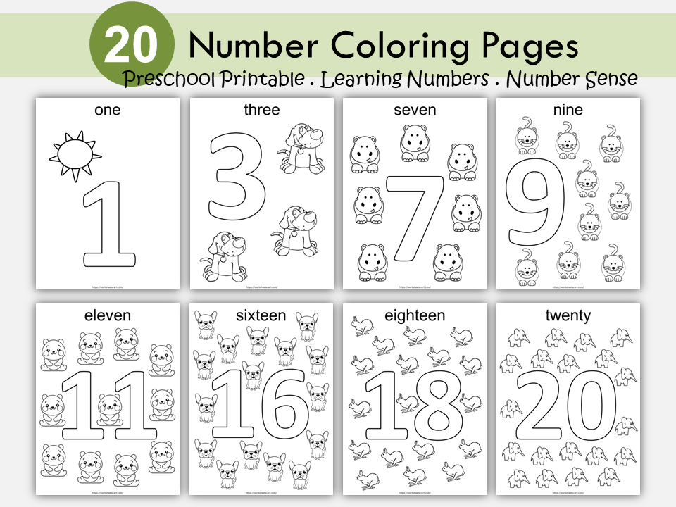 Number Coloring Pages (1-20) Printable, Preschool Worksheets, Coloring Pages for Kids, Kindergarten Activity, Homeschool, Instant Download, WWF455