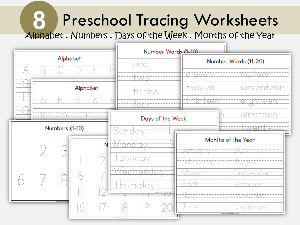 Tracing Worksheets Printable, Tracing Worksheets for Kids, Alphabet, Numbers, Days of the Week, Months of the Year, Homework, Homeschool, WWF463