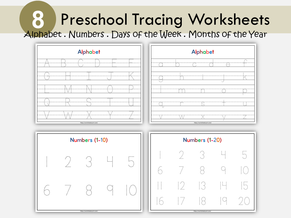 Tracing Worksheets Printable, Tracing Worksheets for Kids, Alphabet, Numbers, Days of the Week, Months of the Year, Homework, Homeschool, WWF463