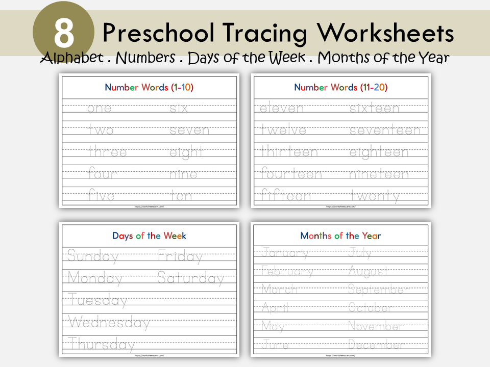 Tracing Worksheets Printable, Tracing Worksheets for Kids, Alphabet, Numbers, Days of the Week, Months of the Year, Homework, Homeschool, WWF463