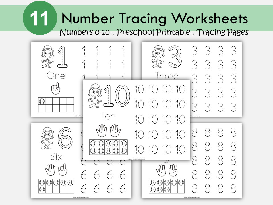 0-10 Number Tracing, Baseball Theme Preschool Worksheet Printable, Handwriting Practice, Kindergarten Worksheets, Number Writing, WWF464