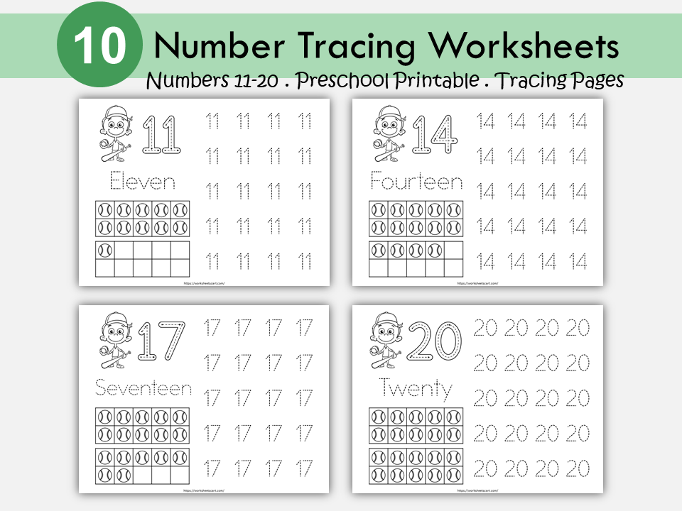 11-20 Number Tracing Worksheets Printable, Baseball Theme Preschool Worksheets, Handwriting Practice, Kindergarten Worksheets, Number Writing, WWF465