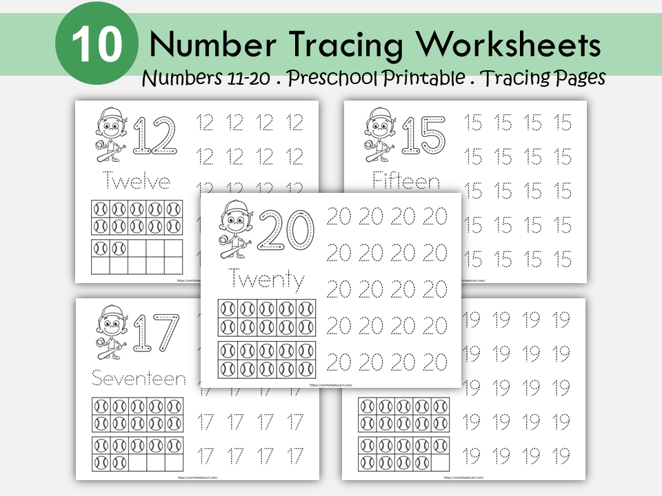 11-20 Number Tracing Worksheets Printable, Baseball Theme Preschool Worksheets, Handwriting Practice, Kindergarten Worksheets, Number Writing, WWF465