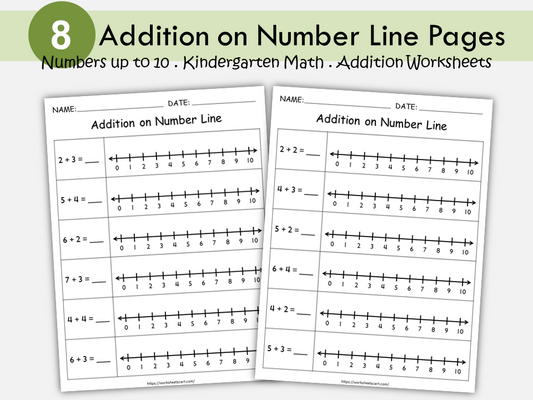 Addition on Number Line up to 10 Worksheets | Kindergarten Math Printable | Number Line Addition Activity | Early Math Practice | Homeschool, WWF468