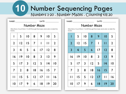 Number Maze Activity Worksheets Printable | Count and Recognize Numbers 1-20 | Preschool & Kindergarten Math | Fun Number Practice | PDF, WWF469