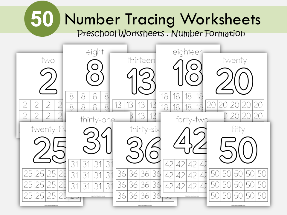 50 Number Tracing Worksheets, Trace Numbers, Preschool Worksheets, 50 Printable Number Tracing, Kids Tracing, Handwriting Practice, WWF483