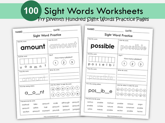 100 Printable Sight Words Worksheets, Fry Seventh Hundred Sight Word Work, Learn to Read, Kindergarten Phonics Book, Toddler Spelling, Grade 1, WWF484