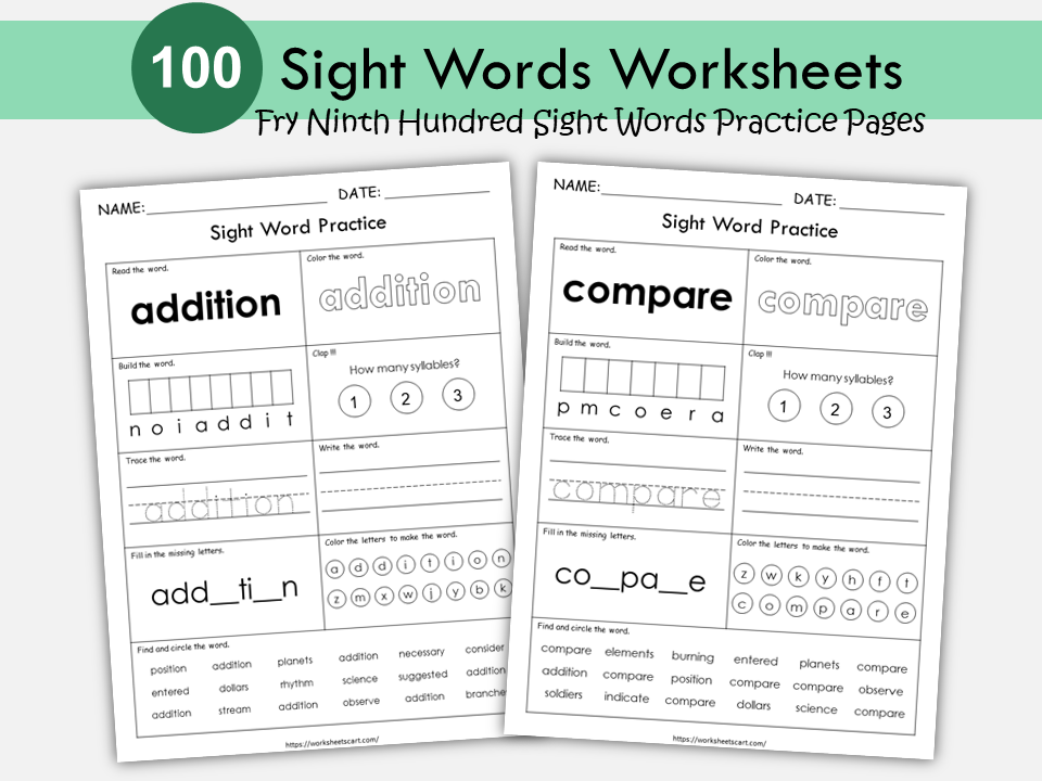 Kindergarten Sight Words Worksheets - 100 Printable Activities (PDF Download) - Fry 9th Hundred, High-Frequency Words, Elementary School, WWF486