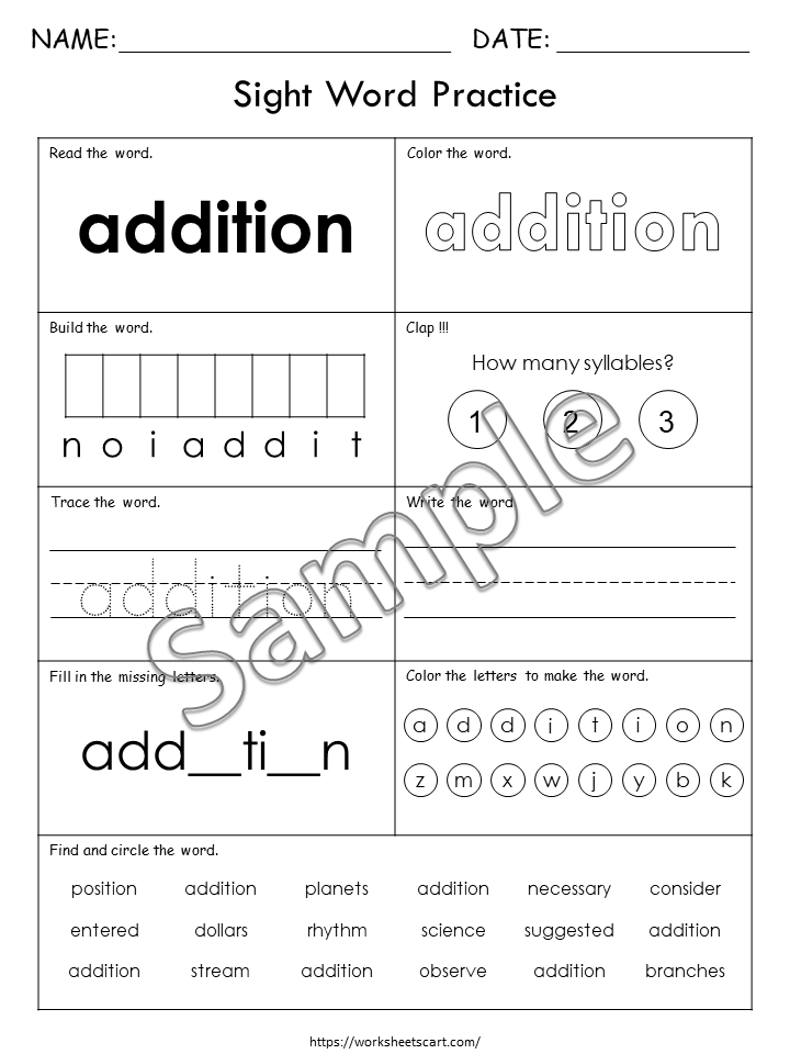Kindergarten Sight Words Worksheets - 100 Printable Activities (PDF Download) - Fry 9th Hundred, High-Frequency Words, Elementary School, WWF486