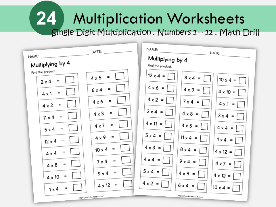 24 Printable Multiplication Worksheets, Single Digit Multiplication (Numbers 1–12), Maths Drills, Multiplication Facts Worksheets, Grade 2-4, WWF489