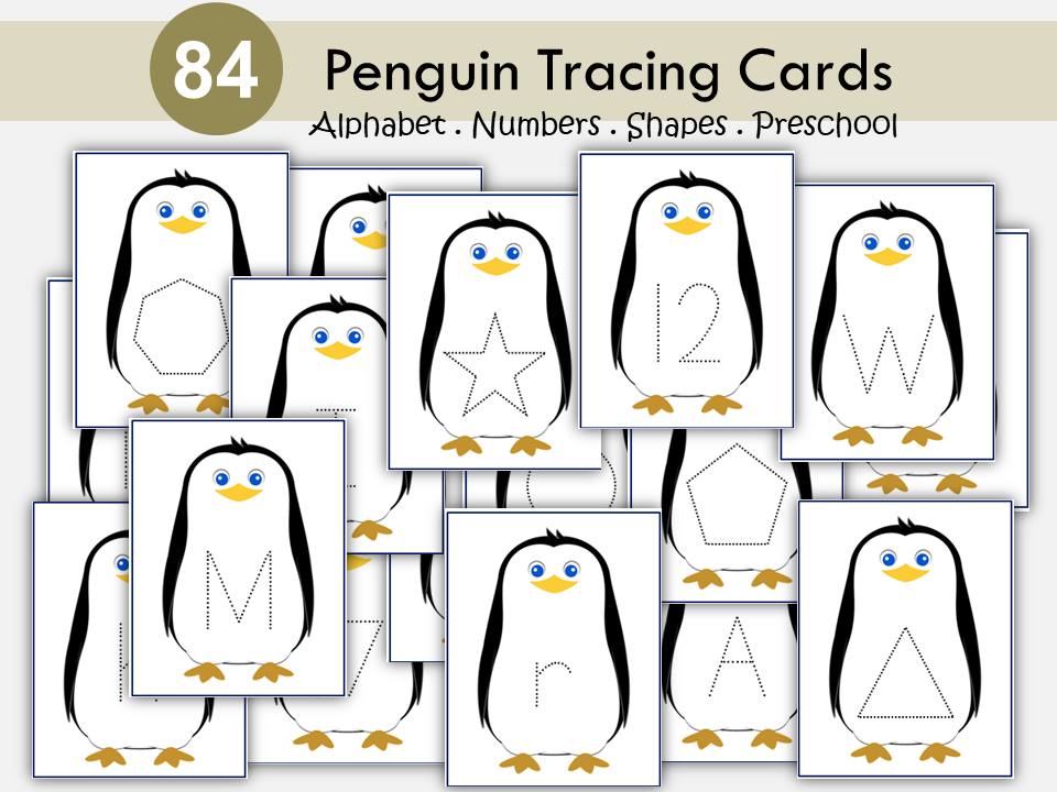Penguin Tracing Cards | Alphabet, Numbers and Shapes | Preschool & Toddler Printable | Fine Motor Skills | Homeschool Learning Activity, WWF492