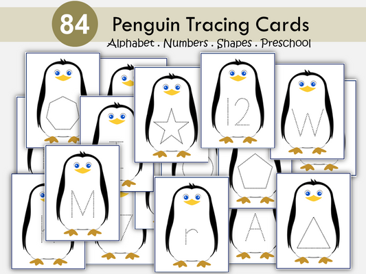 Penguin Tracing Cards | Alphabet, Numbers and Shapes | Preschool & Toddler Printable | Fine Motor Skills | Homeschool Learning Activity, WWF492