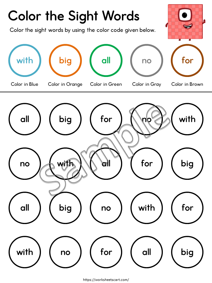 Kindergarten Sight Words Color by Code Worksheets Printable – 58 Words, WWF528