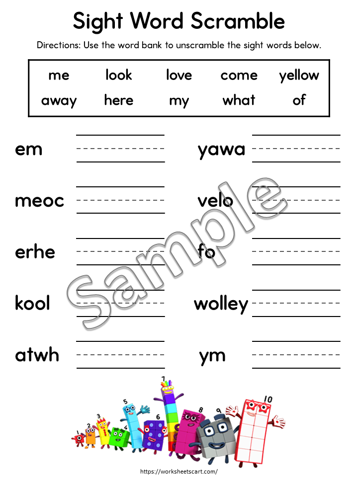 58 Sight Word Scramble Worksheets Printable for Kindergarten Learning, WWF530