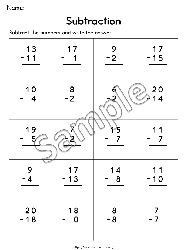 Subtraction Within 20 Worksheets Printable for Kindergarten and First Grade, WWF542